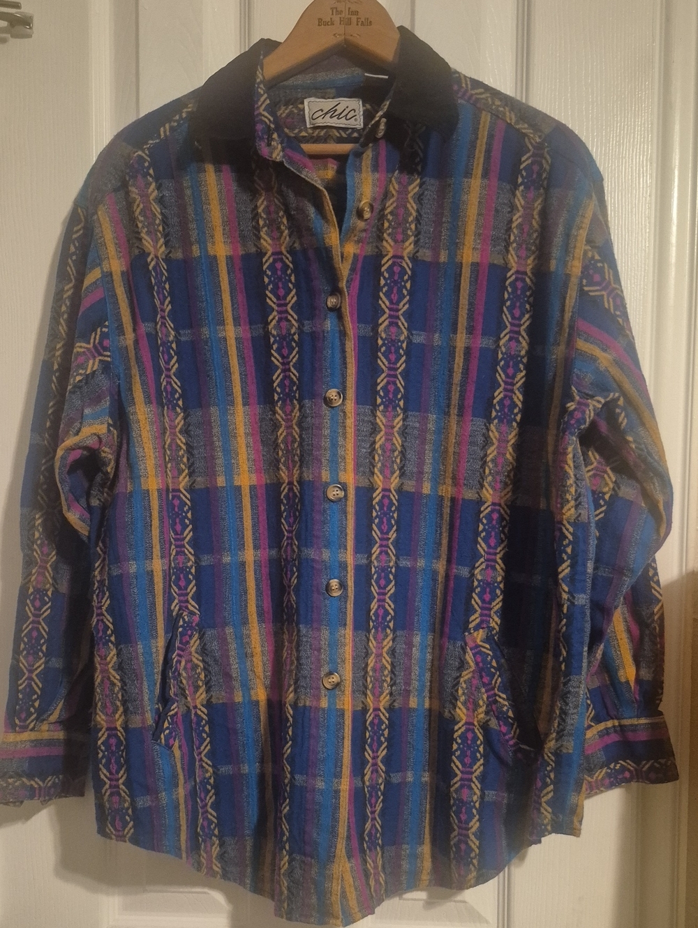 VINTAGE bright Plaid Shacket S Cotton Flannel Shirt CHIC Corduroy Collar Jacket